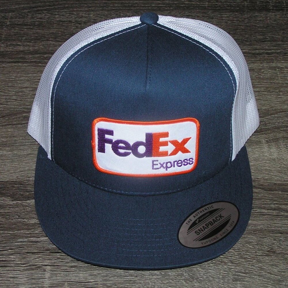 FedEx Express Patch on Trucker Hat Yupoong Classic 6006 Snapback Navy/White